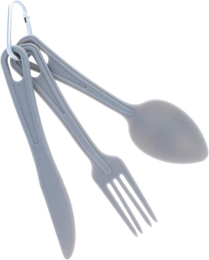 3-piece reusable plastic camping cutlery set with a knife, fork, and spoon on a carabiner.