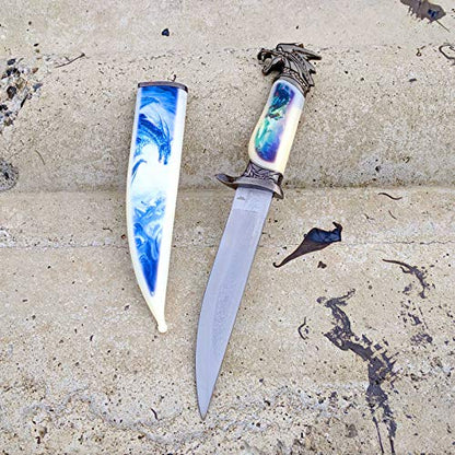 Wildlife collector hunting knife with a decorative scabbard, sleeve, and animal head handle (view 2).