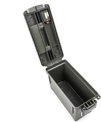 Ammo box with the lid open. Interior lighting for storage