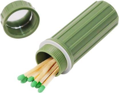 3-in-1 waterproof match container with a flint fire starter and signal mirror.