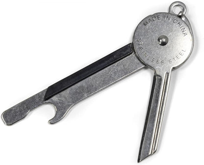 Stainless steel keychain multi-tool knife with a screwdriver and bottle opener.