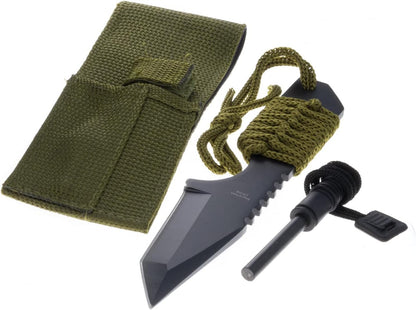 Full-tang 7-inch tanto survival knife with a serrated spine and paracord handle, in black and green.