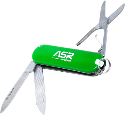 Mini EDC pocket knife multitool with a blade, scissors, tweezers, and keyring.