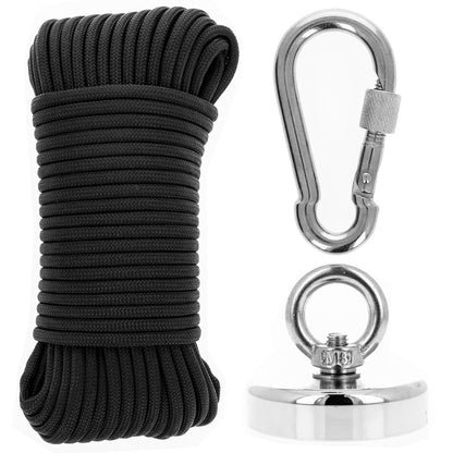 Magnet fishing kit with a 400lb neodymium magnet, paracord, and a stainless snap hook.