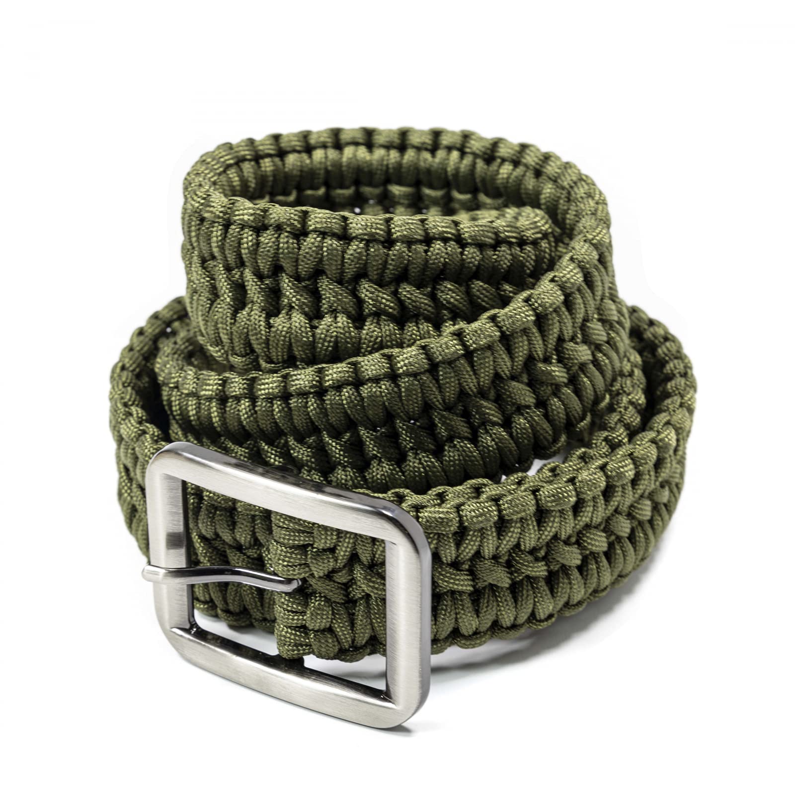 Green paracord belt with a silver buckle on a white background