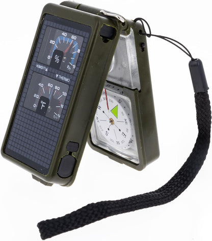 10-in-1 compact survival tool with a compass, whistle, magnifier, and fire striker, in green.