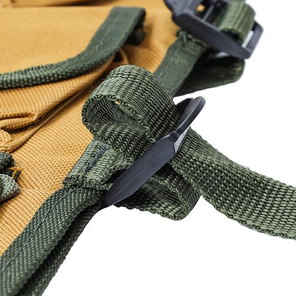nylon fishing vest with several pockets and compartments  yellow and green