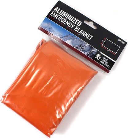 Orange Mylar emergency blanket, 83 x 51 inches, that reflects body heat.