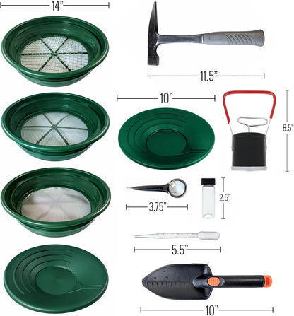 19-piece gold panning kit with classifier screens, gold pans, and a rock pick.