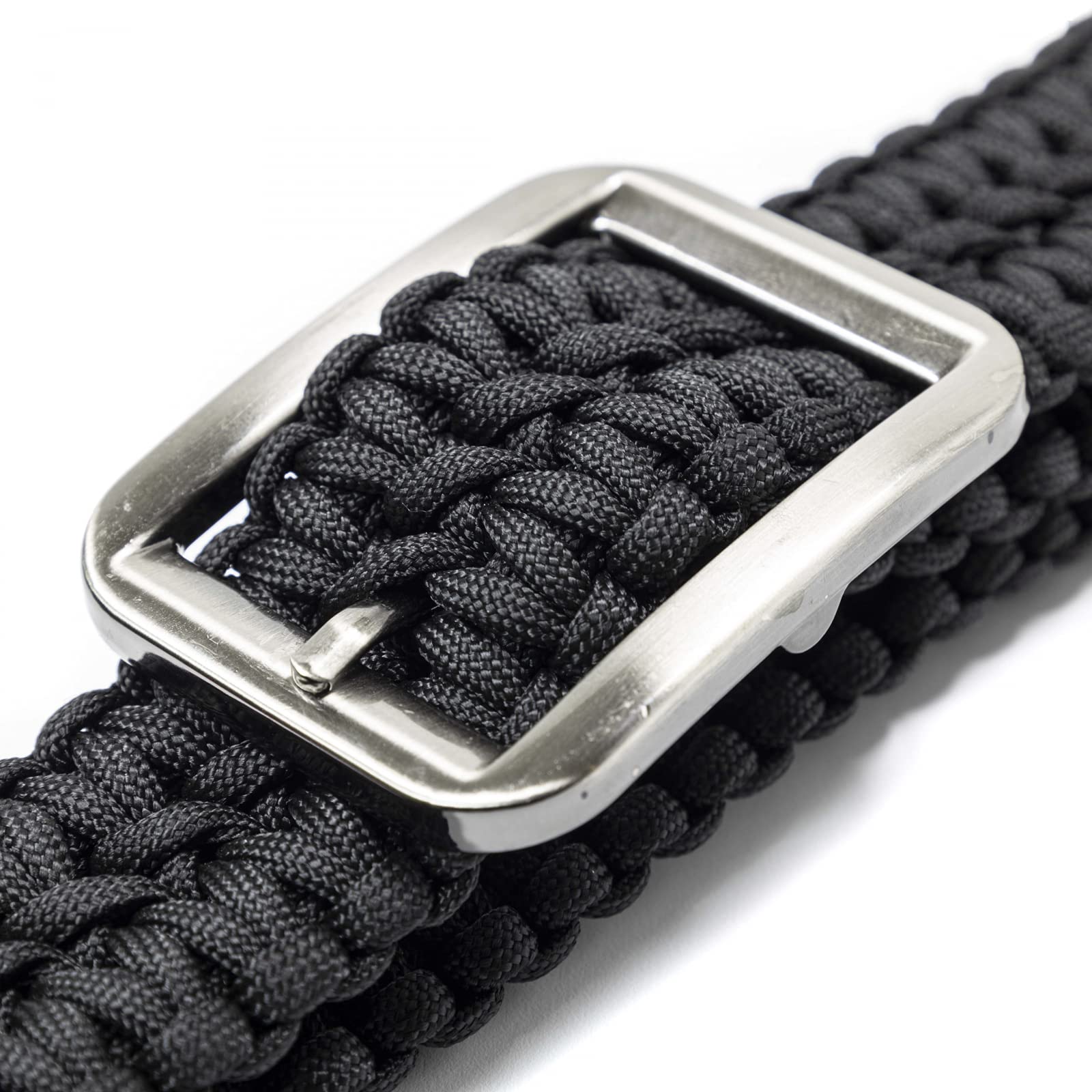 Black braided paracord belt with a silver buckle on a white background