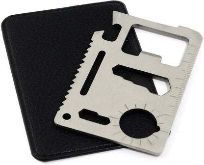11-in-1 stainless steel credit card multitool with a black leather carry case.