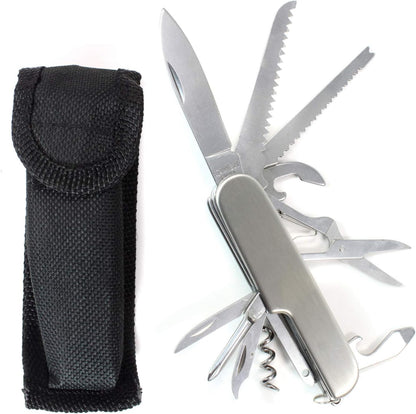 14-in-1 stainless steel multitool pocket knife with a carry pouch.