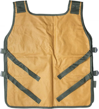 nylon fishing vest with several pockets and compartments  yellow and green