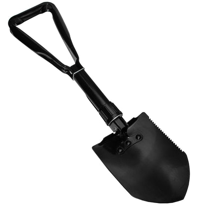 22-inch black trifold steel 3-in-1 shovel, pick, and saw with a storage case.