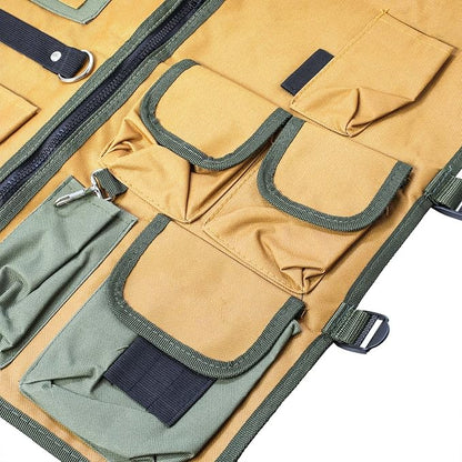 nylon fishing vest with several pockets and compartments  yellow and green