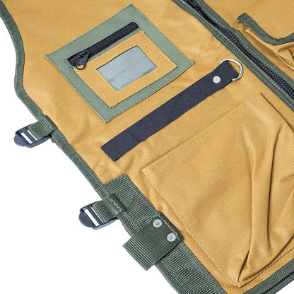 nylon fishing vest with several pockets and compartments  yellow and green