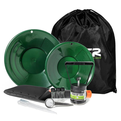 10-piece beginner gold panning kit with gold pans and prospecting recovery tools.