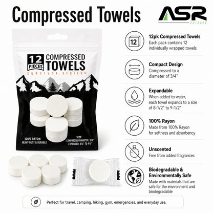 12-Pack Compressed Biodegradable Towels for Travel & Camping (White)