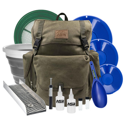 13-piece portable gold panning kit with a collapsible bucket, mini aluminum sluice box, and 30L backpack (view 2).