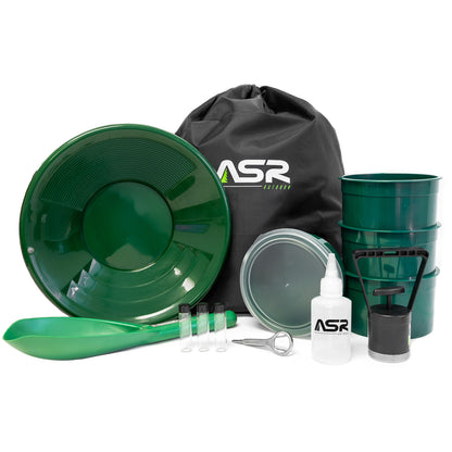 13-piece creekside gold panning kit with mini classifiers and a drawstring backpack.