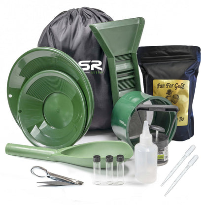 15-piece travel gold panning kit with a mini rubber sluice box, tools, and 3lb of Bobby Bo paydirt.