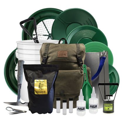 17-piece backpack gold panning kit with a 50-inch folding aluminum sluice box and 10lb of Bobby Bo paydirt.