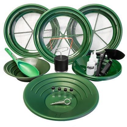 16-piece gold prospecting field kit with classifier screens and recovery tools.