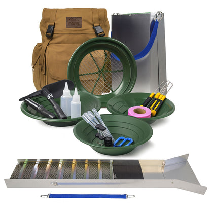 24-piece deluxe gold panning kit with a 50-inch folding aluminum sluice box and 30L backpack (view 1).