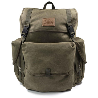 30L heavy-stitched canvas gold panning backpack rucksack for camping and hiking gear.