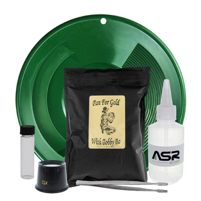 6-piece beginner gold panning kit with a 1lb bag of pre-classified Bobby Bo gold paydirt.