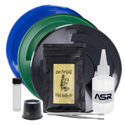 6-piece beginner gold panning kit with a dual riffle pan, snuffer bottle, vials, and 3oz of Bobby Bo paydirt.