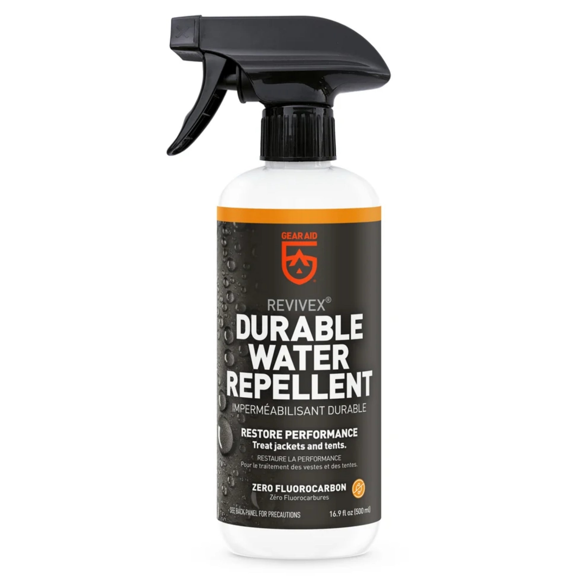 GEAR AID Revivex Durable Water Repellent spray bottles in three sizes.