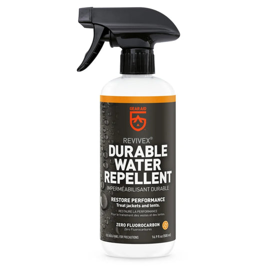 GEAR AID Revivex Durable Water Repellent spray bottles in three sizes.