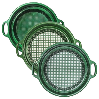 Heavy-duty stackable plastic sifting screens with a built-in handle for gold panning and rock hounding.