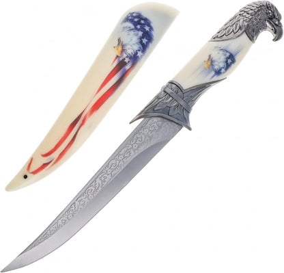 Wildlife collector hunting knife with a decorative scabbard, sleeve, and animal head handle (view 14).