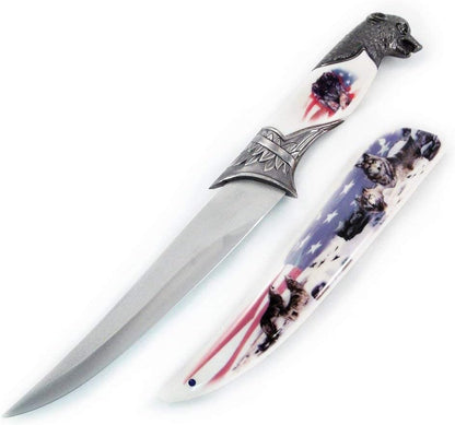 Wildlife collector hunting knife with a decorative scabbard, sleeve, and animal head handle (view 15).
