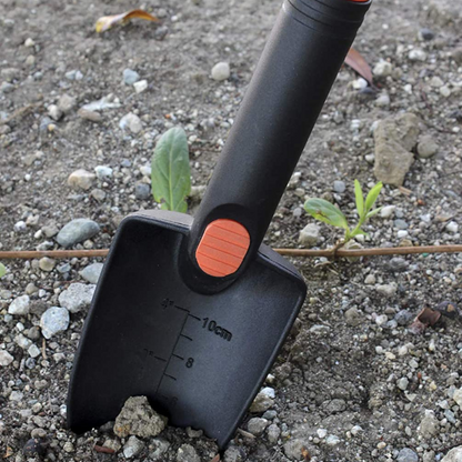 11-inch metal detecting hand trowel with a pin pointer tip and depth markers (view 1).