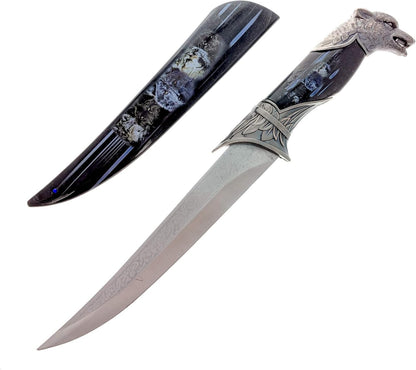Wildlife collector hunting knife with a decorative scabbard, sleeve, and animal head handle (view 10).