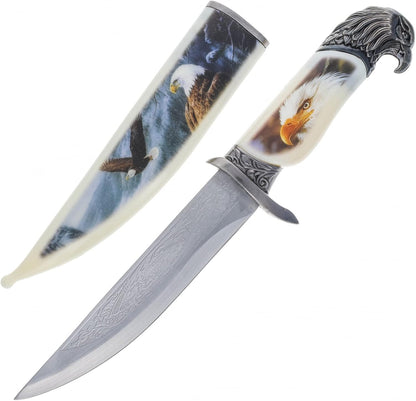 Wildlife collector hunting knife with a decorative scabbard, sleeve, and animal head handle (view 11).