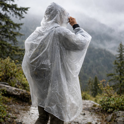 Clear waterproof emergency rain poncho for camping and hiking (view 1).