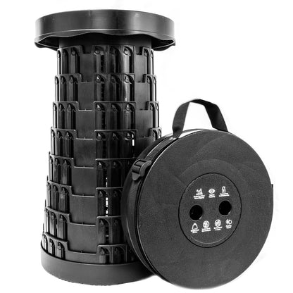 Black telescoping collapsible camping stool with a carry handle, 17.75 inches extended.