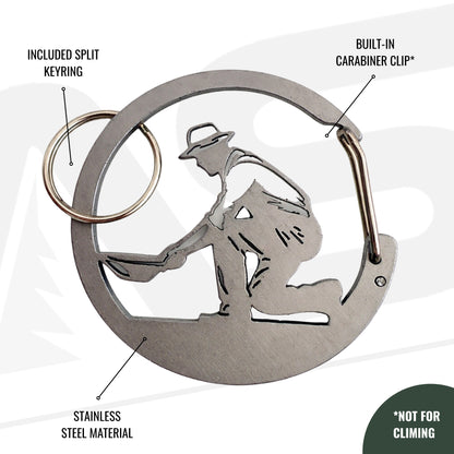 Stainless steel gold prospecting carabiner keychain with a split ring (view 4).