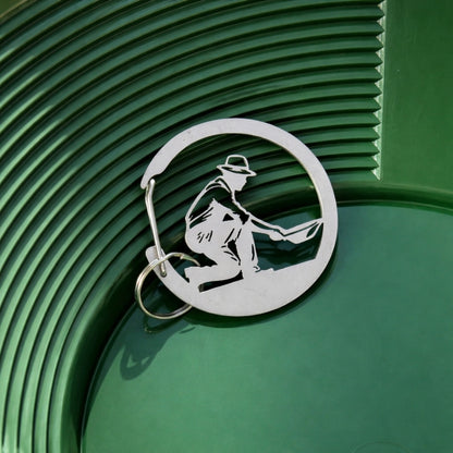 Stainless steel gold prospecting carabiner keychain with a split ring (view 7).