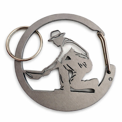 Stainless steel gold-prospecting carabiner keychain with a split ring.