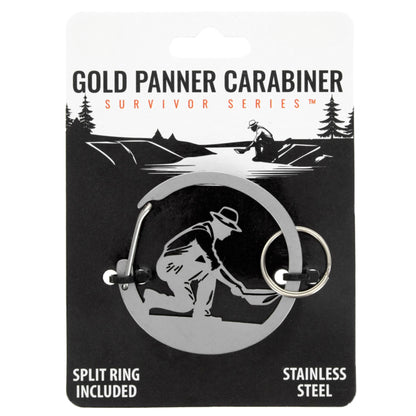 Stainless steel gold prospecting carabiner keychain with a split ring (view 10).
