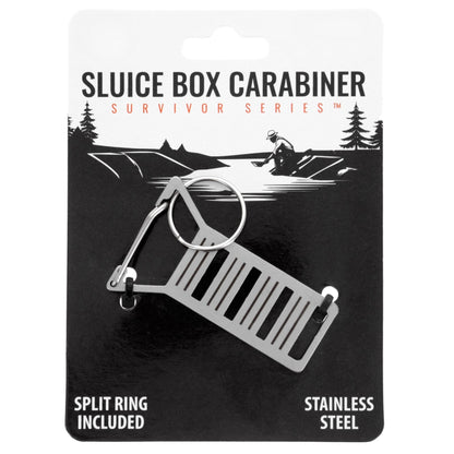 Stainless steel gold prospecting carabiner keychain with a split ring (view 11).