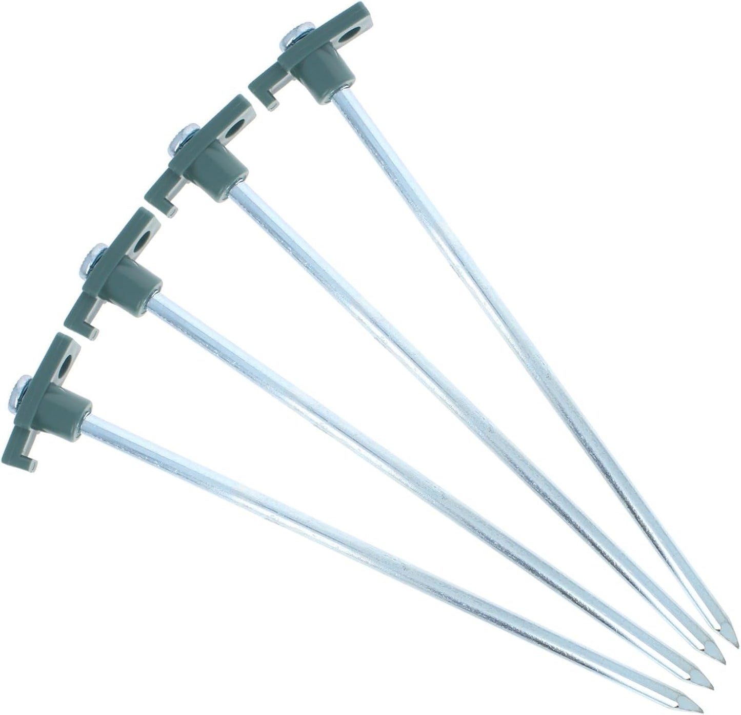 Heavy-duty 11-inch galvanized carbon steel tent stakes for tents, tarps, and canopies.