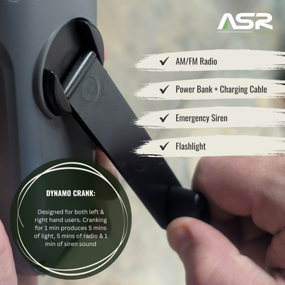 Hand cranking a device with features listed on the right, including AM/FM radio, power bank, charging cable, emergency siren, and flashlight, branded ASR.
