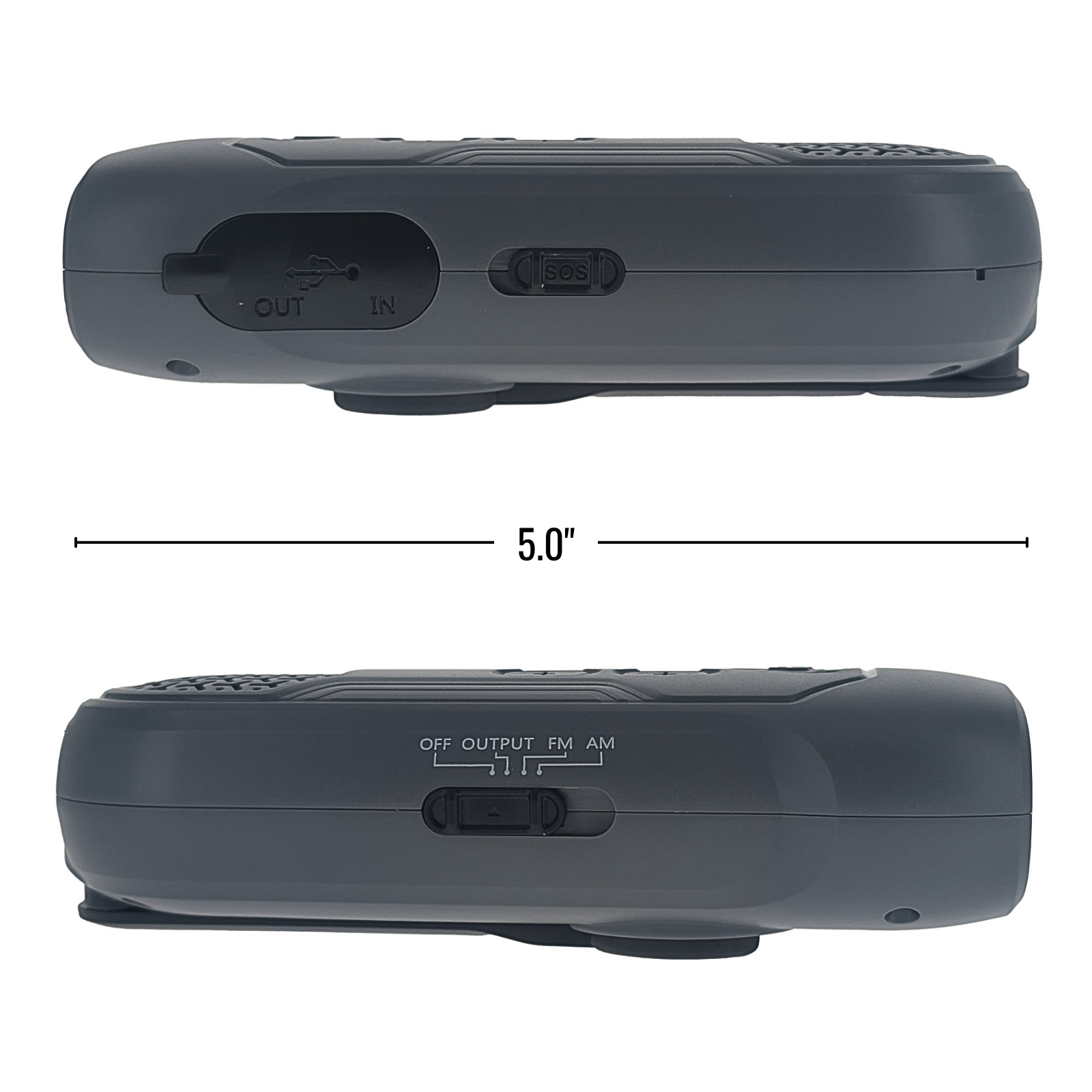 Two views of a gray electronic device with labeled ports and dimensions on a white background.