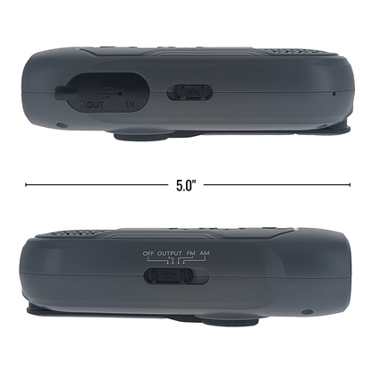 Two views of a gray electronic device with labeled ports and dimensions on a white background.